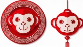 A red paper cut illustration depicts a monkey, a symbol of the Chinese New Year.