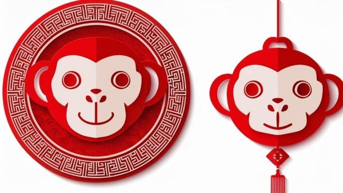 A red paper cut illustration depicts a monkey, a symbol of the Chinese New Year.