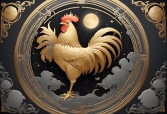 A detailed drawing depicts a rooster, a symbol of the Chinese zodiac.
