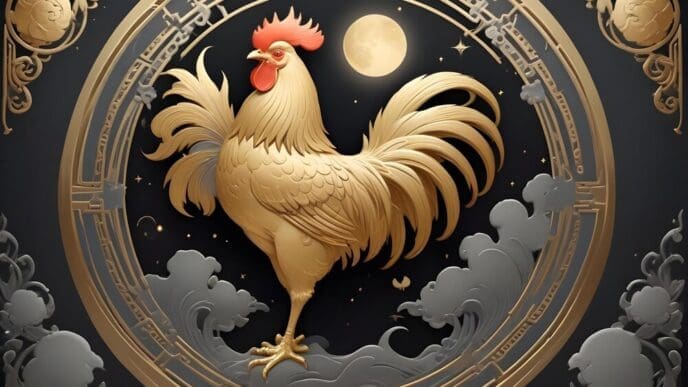 A detailed drawing depicts a rooster, a symbol of the Chinese zodiac.