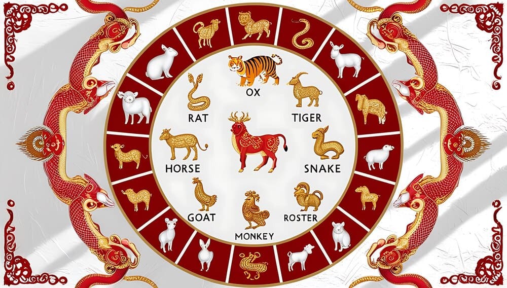 A circular wheel displays the twelve animals of the Chinese zodiac, each representing a year.