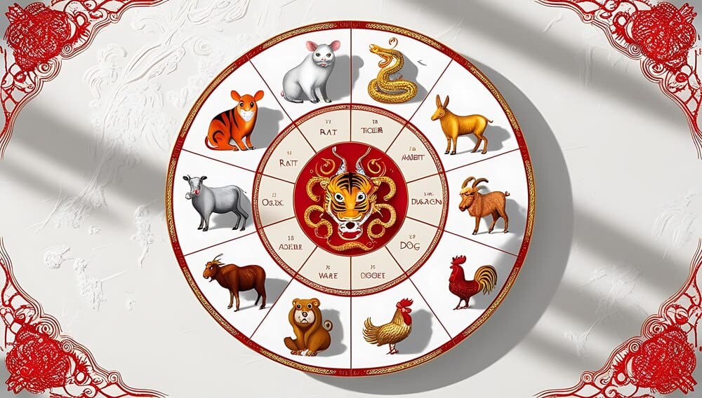 A circular illustration depicts the Chinese zodiac wheel, showcasing twelve animal signs arranged around a central point.
