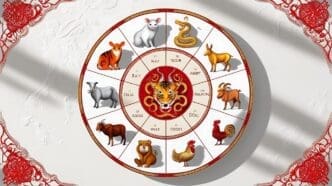 A circular illustration depicts the Chinese zodiac wheel, showcasing twelve animal signs with their associated symbols.