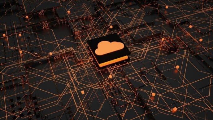 3D rendering of a computer chip and a cloud, representing cloud computing and technology.