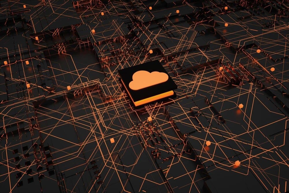 3D rendering of a computer chip and a cloud, representing cloud computing and technology.