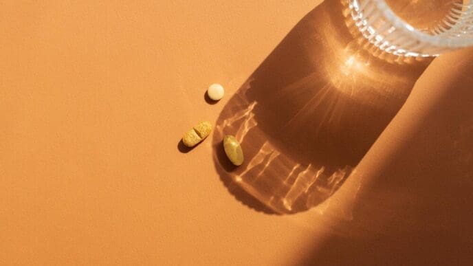 A clear glass of water sits on an orange surface next to several orange pills, casting a shadow.