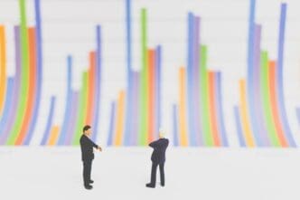 Close-up view shows small figurines arranged in front of a bar graph on a table.