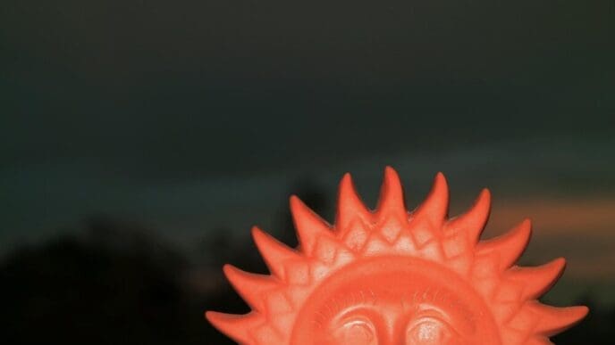Close-up of a vibrant orange flower in full bloom against a bright blue sky.