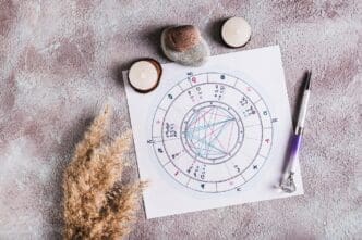 Close-up, top-down view of a natal chart with a pen resting on the table.
