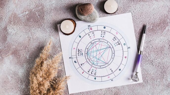 Close-up, top-down view of a natal chart with a pen resting on the table.