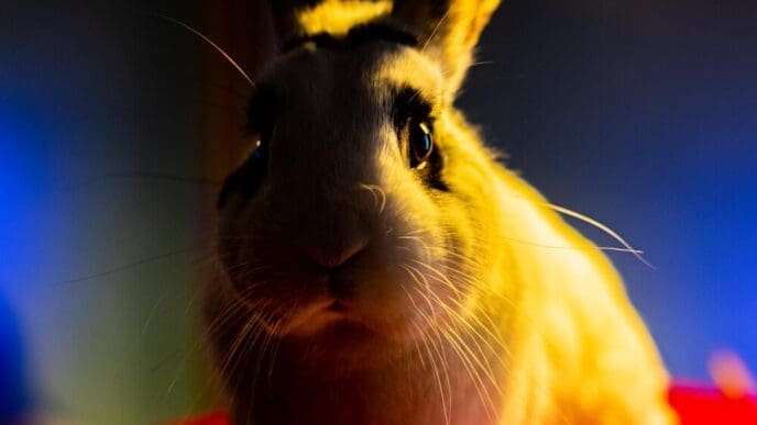 Close-up of a fluffy, brown and white rabbit.