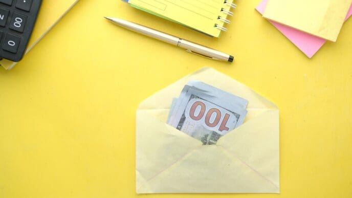 Close-up of a white envelope on a yellow surface, containing a stack of U.S. dollar bills.