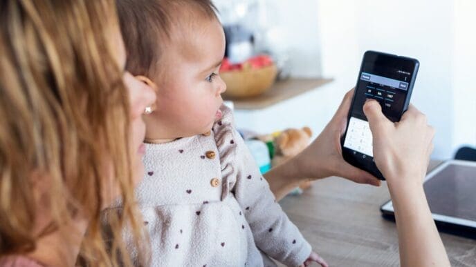 Close-up of a young woman and her baby girl at home, with the woman using a mobile phone and the baby looking at it.