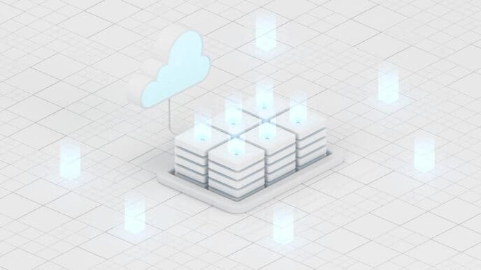 A 3D rendering depicts cloud computing with various information devices connected to a central cloud.