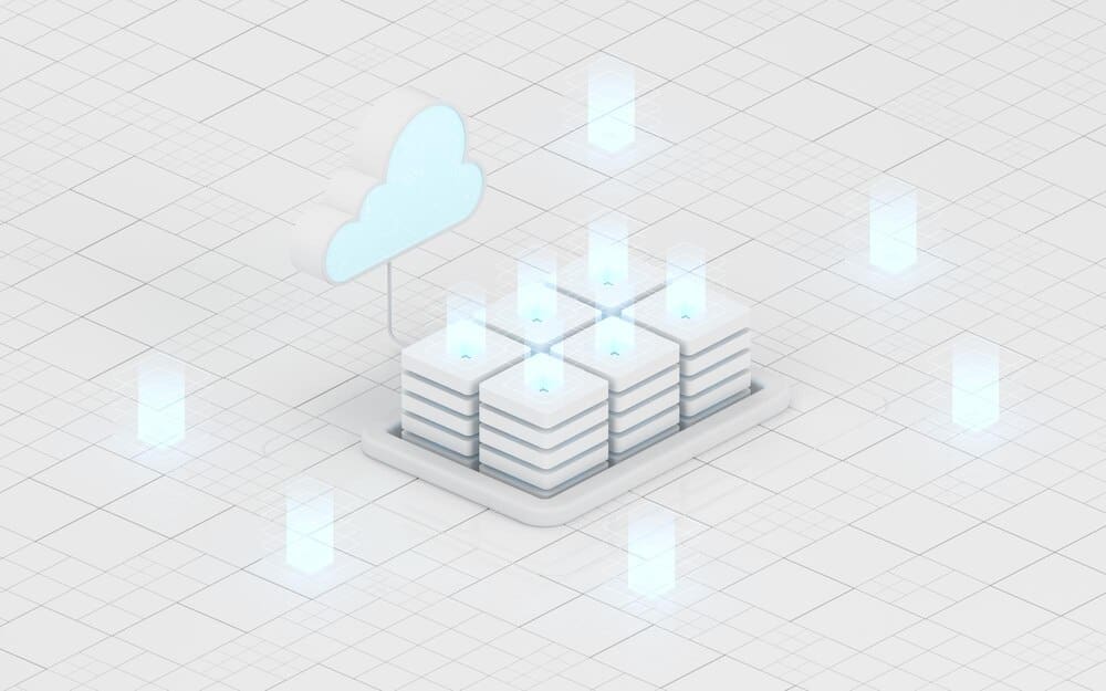 A 3D rendering depicts cloud computing with various information devices connected to a central cloud.