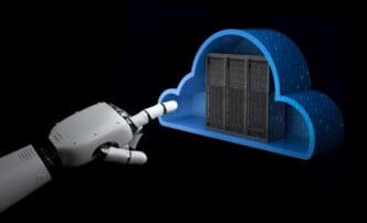 A robotic hand reaches toward a 3D rendering of a server within a cloud, symbolizing cloud computing technology.