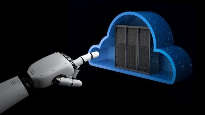 A robotic hand reaches toward a 3D rendering of a server within a cloud, symbolizing cloud computing technology.