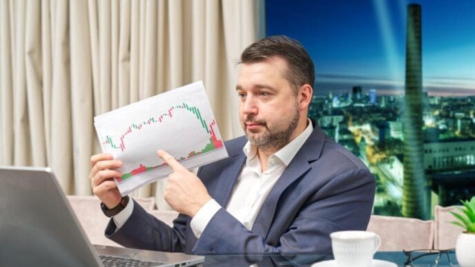 A financial coach leads an online investment training session, visible on a laptop screen, at a workplace.