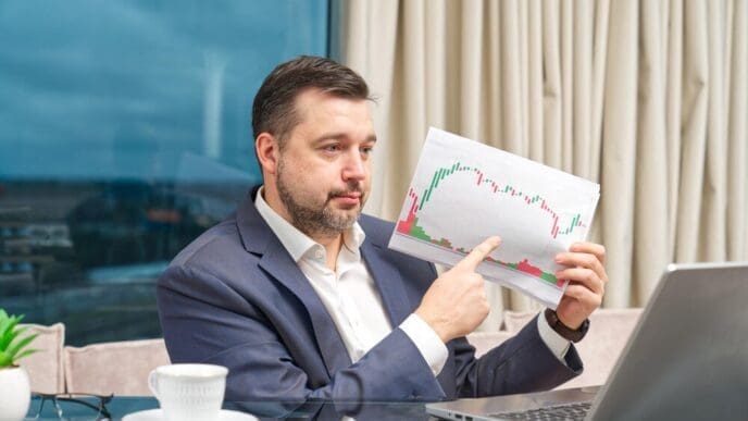 A coach leads an online financial investment training session, interacting with participants via a laptop at a workplace.