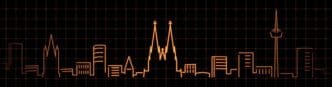 Simple line drawing of the Cologne skyline in white against a dark grid background.