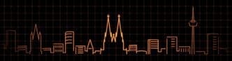 Simple line drawing of the Cologne skyline in white against a dark grid background.