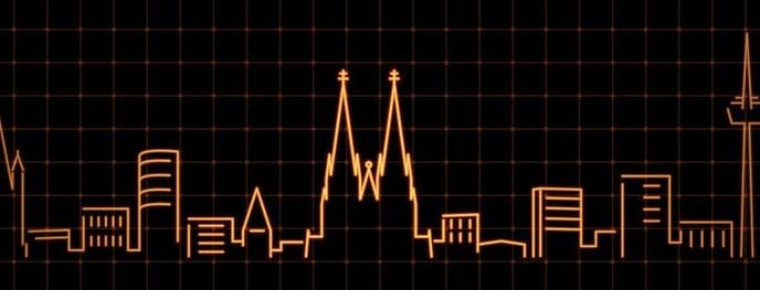Simple line drawing of the Cologne skyline in white against a dark grid background.