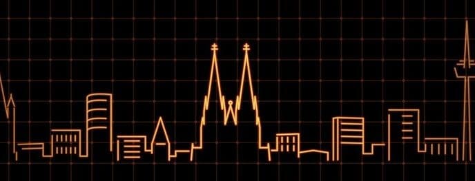 Simple line drawing of the Cologne skyline in white against a dark grid background.