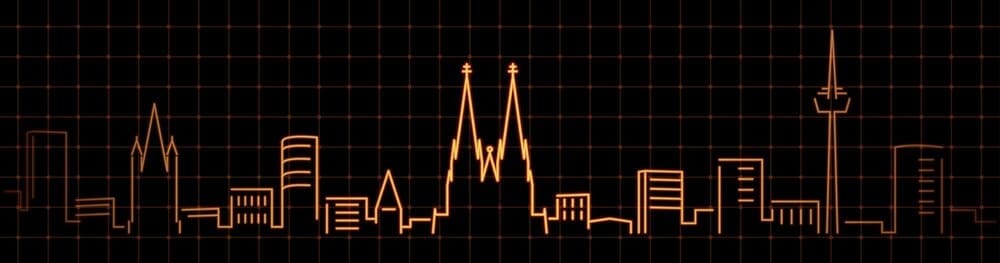 Simple line drawing of the Cologne skyline in white against a dark grid background.