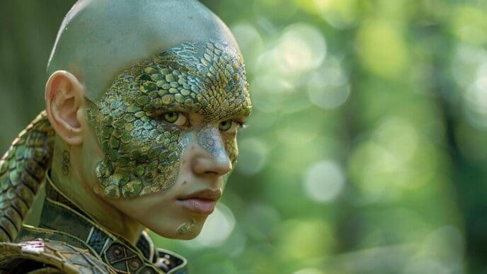 A young woman with green skin and snake scales, who is completely bald, wears light armor.