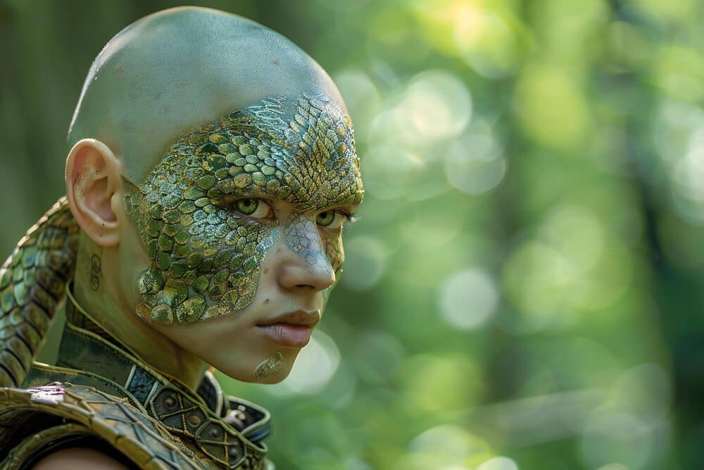 A young woman with green skin and snake scales, who is completely bald, wears light armor.