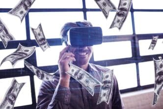 Composite image of US dollar bills floating in the air.