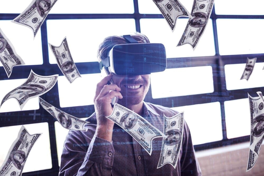 Composite image of US dollar bills floating in the air.