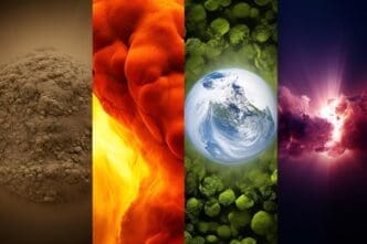 A digital art composition depicts the four natural elements, earth, air, fire, and water, surrounding a stylized representation of the Earth.