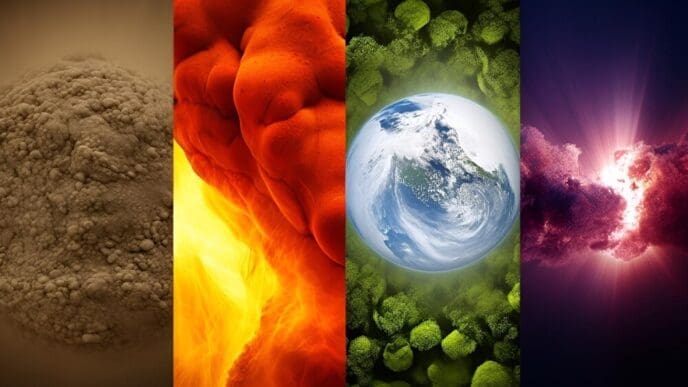 A digital art composition depicts the four natural elements, earth, air, fire, and water, surrounding a stylized representation of the Earth.