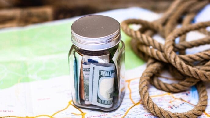 Close-up of a glass jar filled with folded banknotes, symbolizing saving for future goals.
