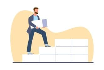 A cartoon illustration depicts a businessman constructing a brick wall, representing business startup and development.