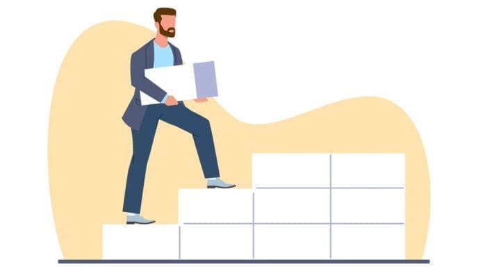 A cartoon illustration depicts a businessman constructing a brick wall, representing business startup and development.
