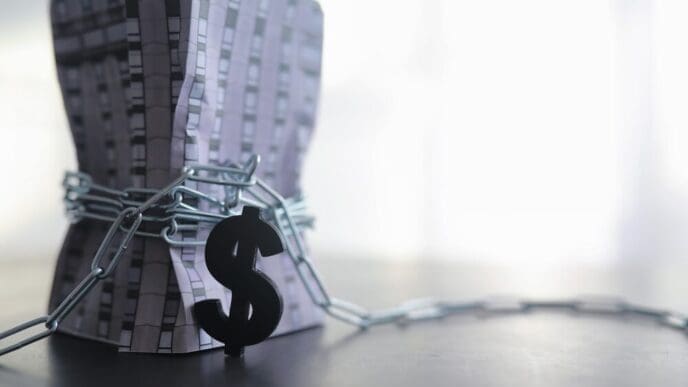 A house is being measured with a measuring tape that has a dollar sign, symbolizing financial dependence on borrowed funds and mortgage debt.