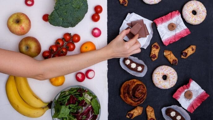 A split-screen image contrasts a selection of fresh fruits and vegetables with unhealthy options like donuts, sweets, and burgers.