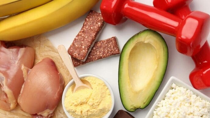 Overhead view of a white surface with arranged sports nutrition products, suggesting a concept.