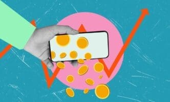 A hand holding a phone and coins is depicted with an upward-pointing arrow, suggesting financial growth or digital transactions.