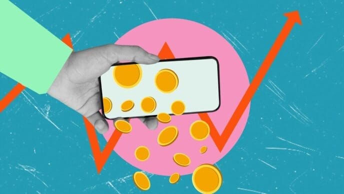 A hand holding a phone and coins is depicted with an upward-pointing arrow, suggesting financial growth or digital transactions.