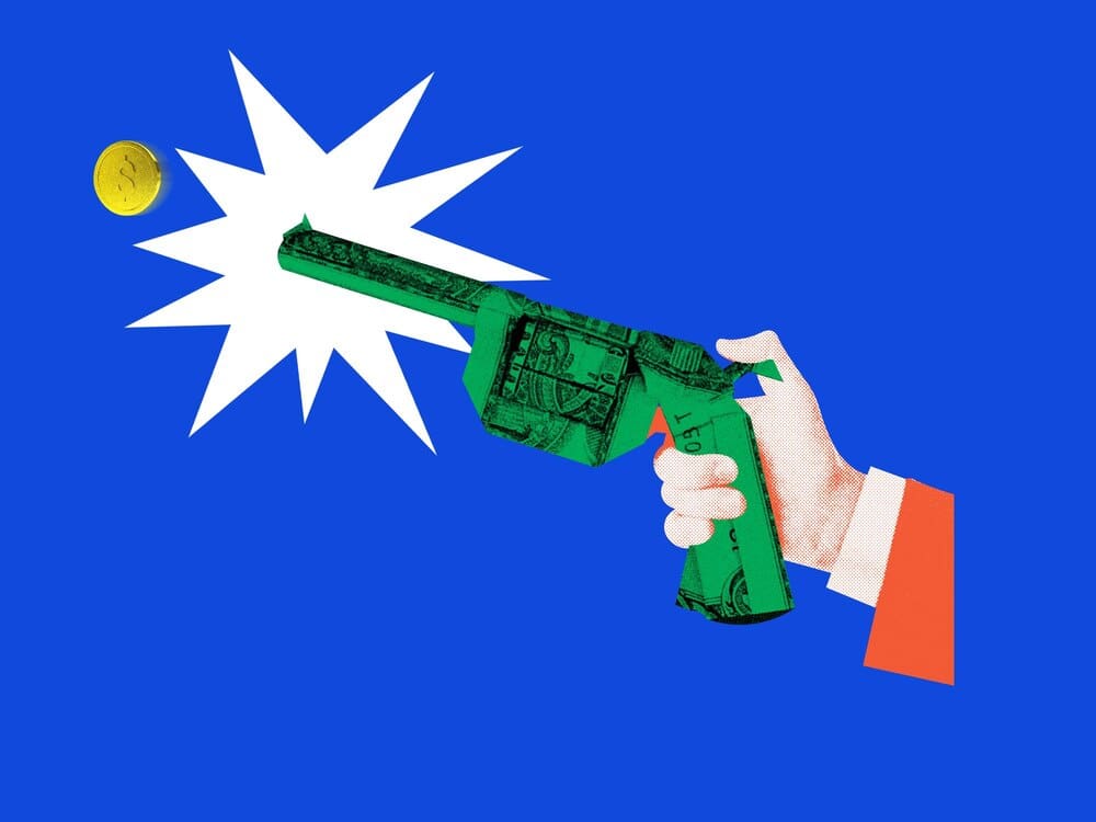 Collage of office scenes with money origami.