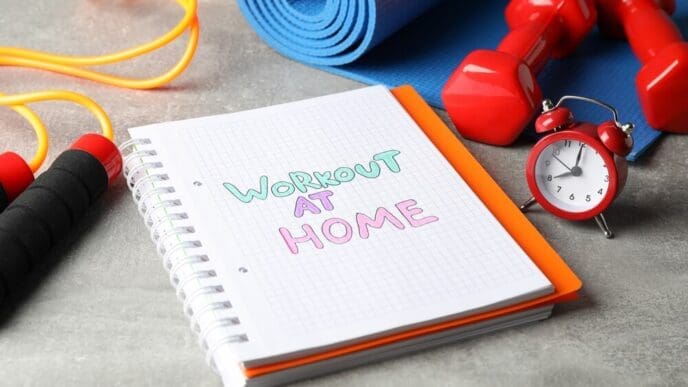 Copybook and fitness equipment, including weights, sit on a gray surface.
