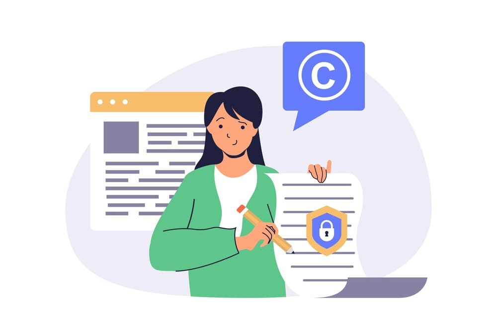 Cartoon people in a flat design style collaborate around a website mockup.