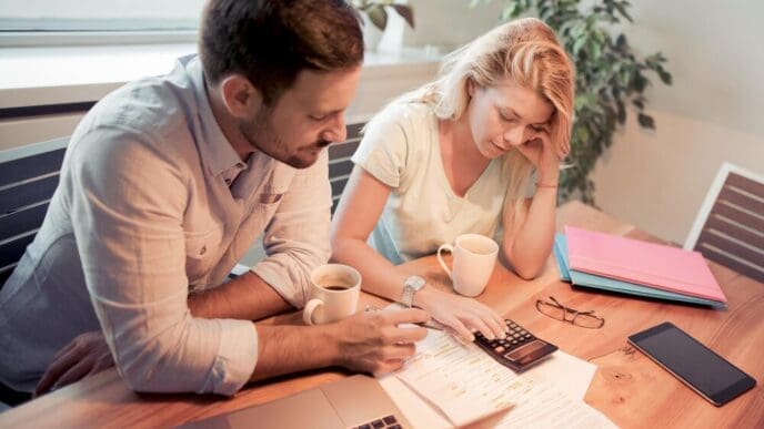 A couple reviews financial documents together while seated in their living room.
