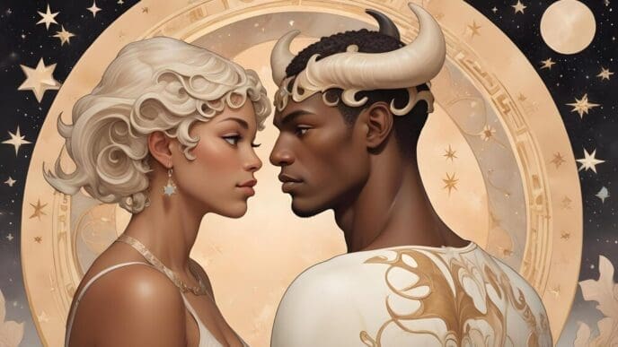 A couple in costumes is seen from the back, with the word "god" written on their bodies.