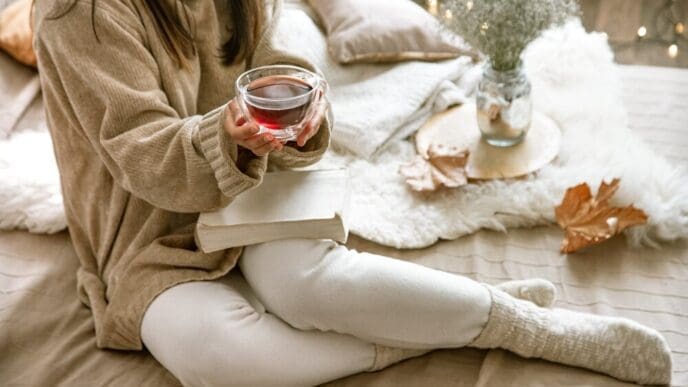A woman sits comfortably indoors with a book and a cup of tea, embodying a cozy autumn atmosphere.