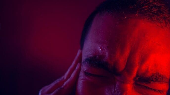 Cropped image shows a man with a frustrated expression against a solid-colored background.