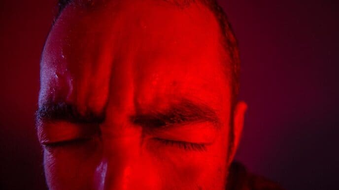 Cropped image shows a man with a frustrated expression against a solid background.